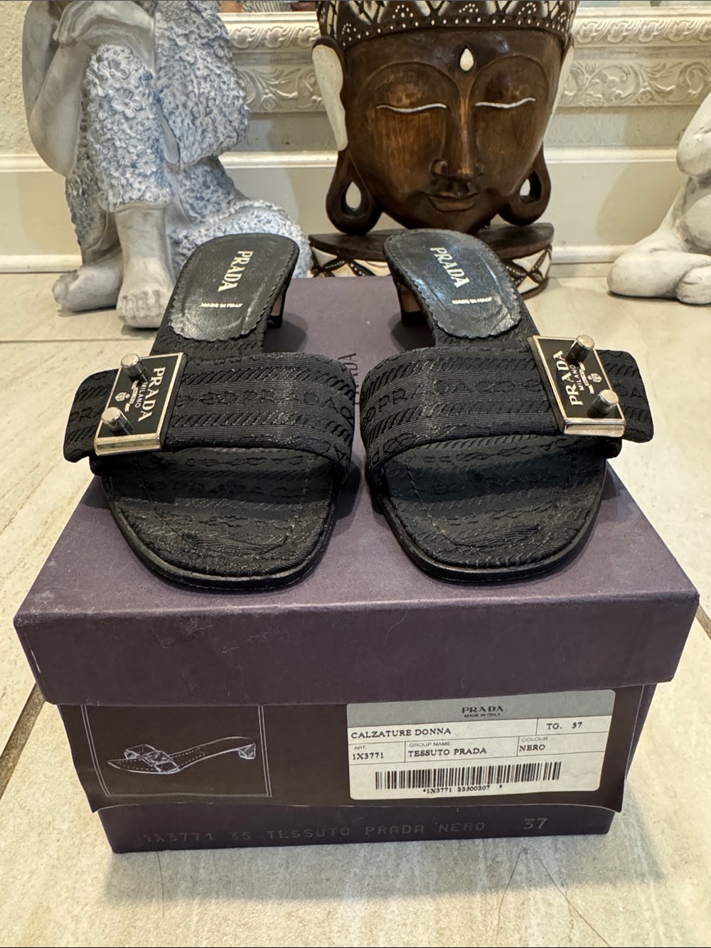 Rare Vintage Prada Black Tessuto Heels / Sandals Slide Mules with Logo Plaque 37